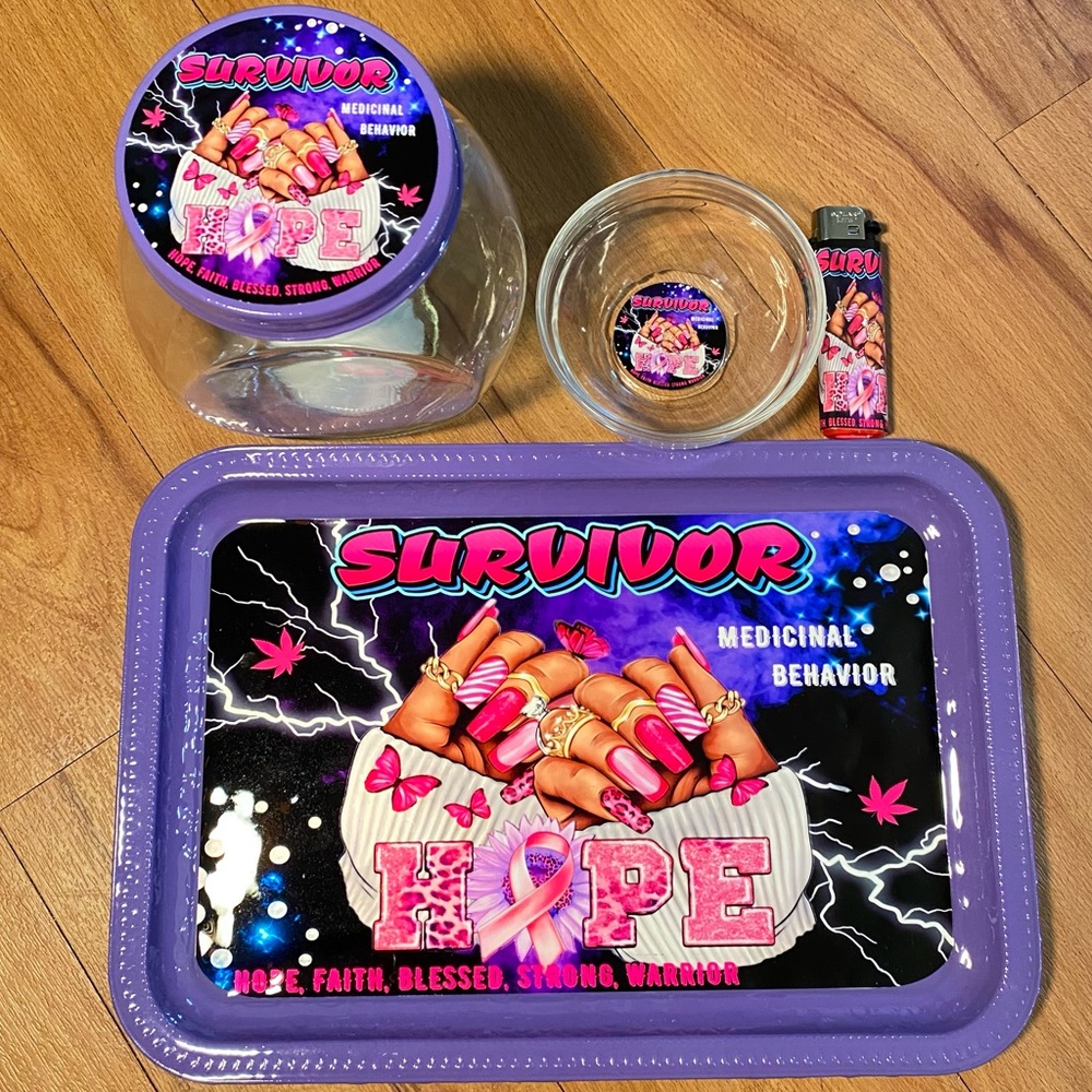 Rolling Tray 4 Piece Set Survivor Hope Faith Blessed Strong Warrior Pink Purple